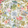 colourful silk scarf depicting flowers, wrought iron and four villas on Lake Como