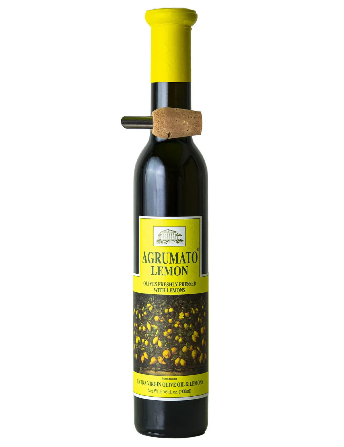 A bottle of Agrumato Lemon extra virgin olive oil with a bright yellow cap and a cork stopper, featuring a yellow label with lemon illustrations, on a white background.