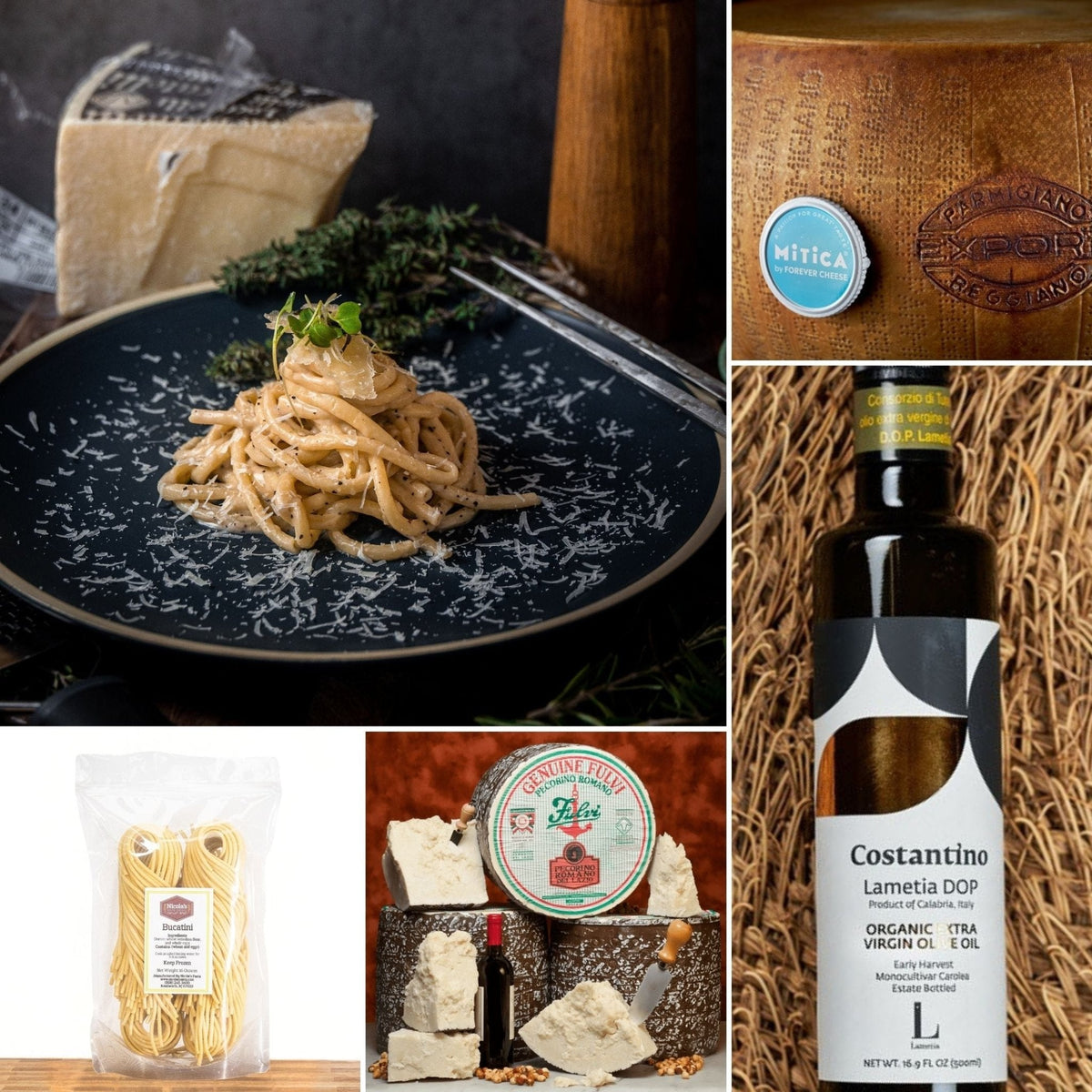 A collage of food and product photos: spaghetti on a dark plate with grated cheese and herbs, a close-up of a wooden container with a round blue-and-white label, a bottle of Costantino olive oil on a woven straw background, a package of flatbread, and cheese blocks with a round branded lid.