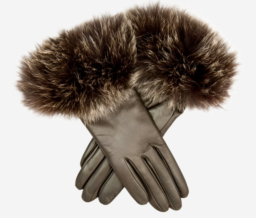 CC4066 (brown) - Women’s Italian fox fur cuff cashmere lined leather gloves