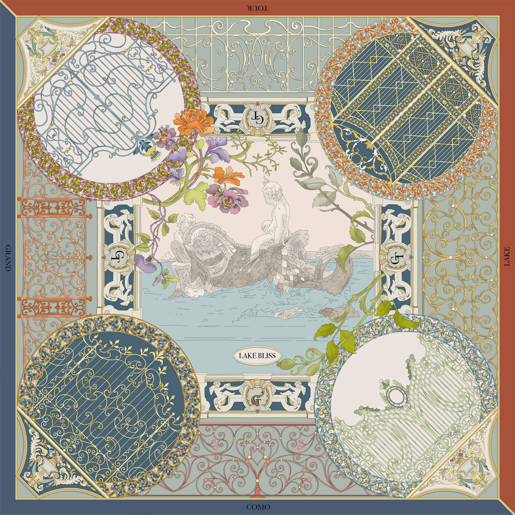 silk scarf depicting wrought iron gates from villas on lake Como and a marble statue