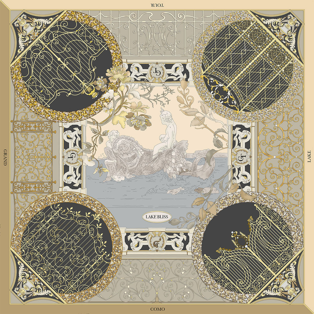 black and gold silk scarf depicting wrought iron gates from villas on Lake Como, and a marble statue in the middle