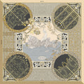 black and gold silk scarf depicting wrought iron gates from villas on Lake Como, and a marble statue in the middle