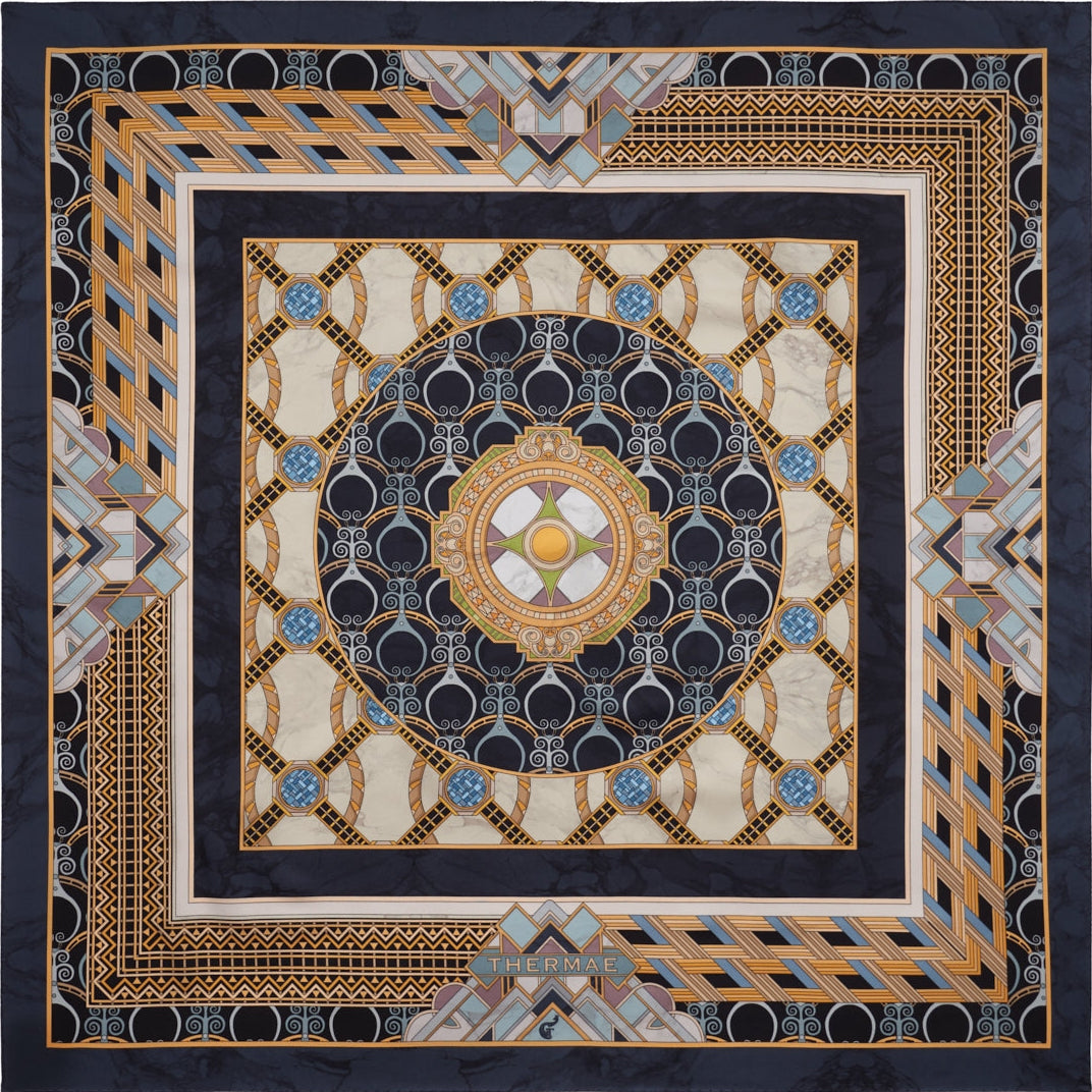black, white and gold silk scarf with art nouveau geometric patterns 