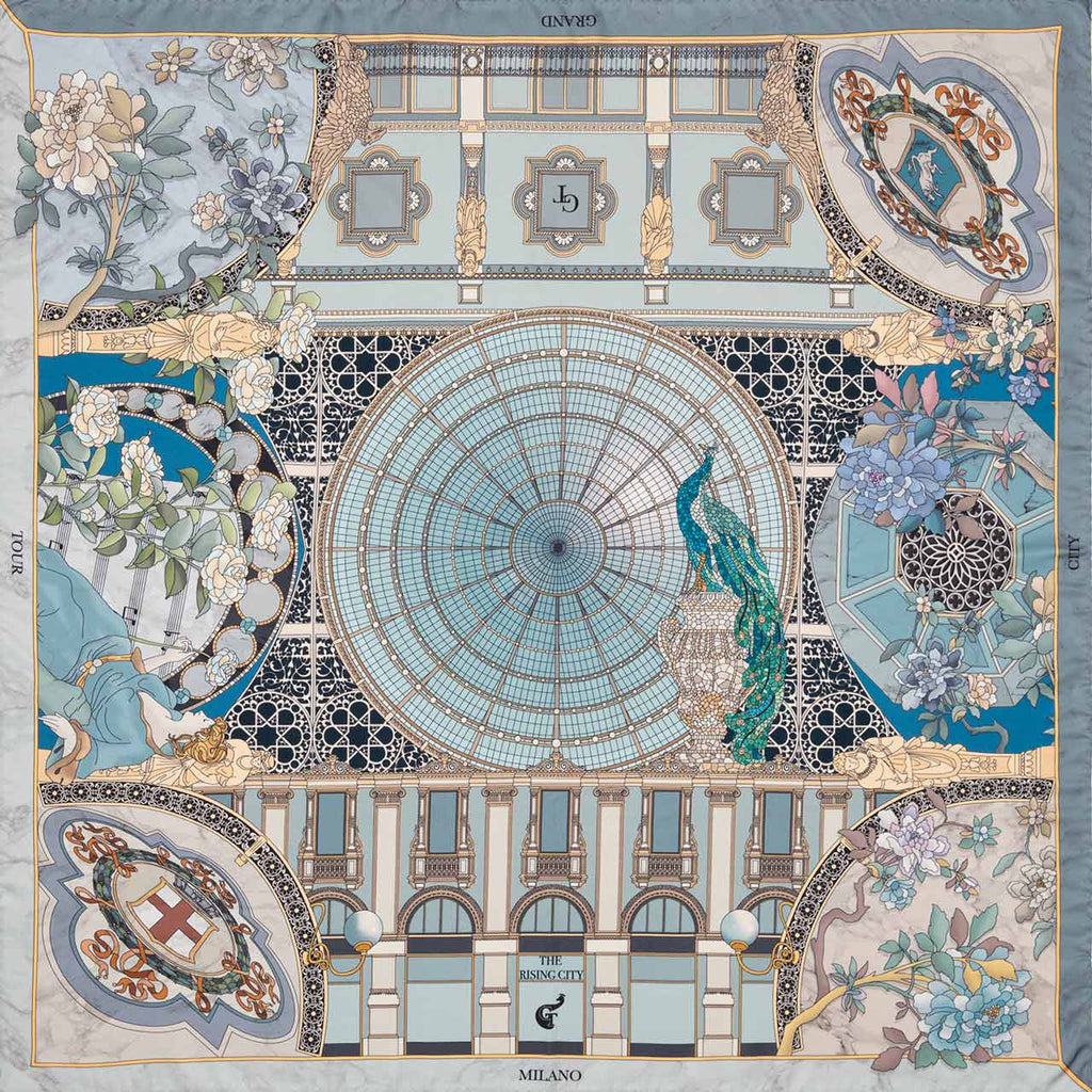 blue silk scarf depicting architectural elements of the galleria Vittorio Emanuele in Milan