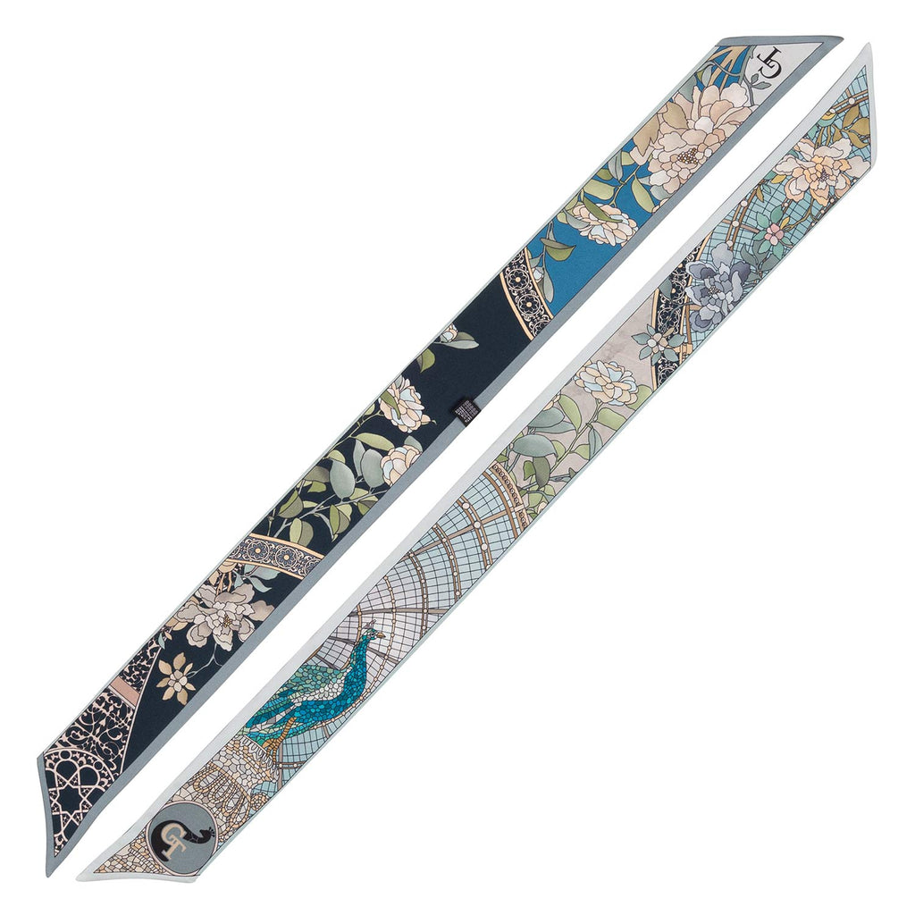blue and black silk twilly with mosaic and floral decorations