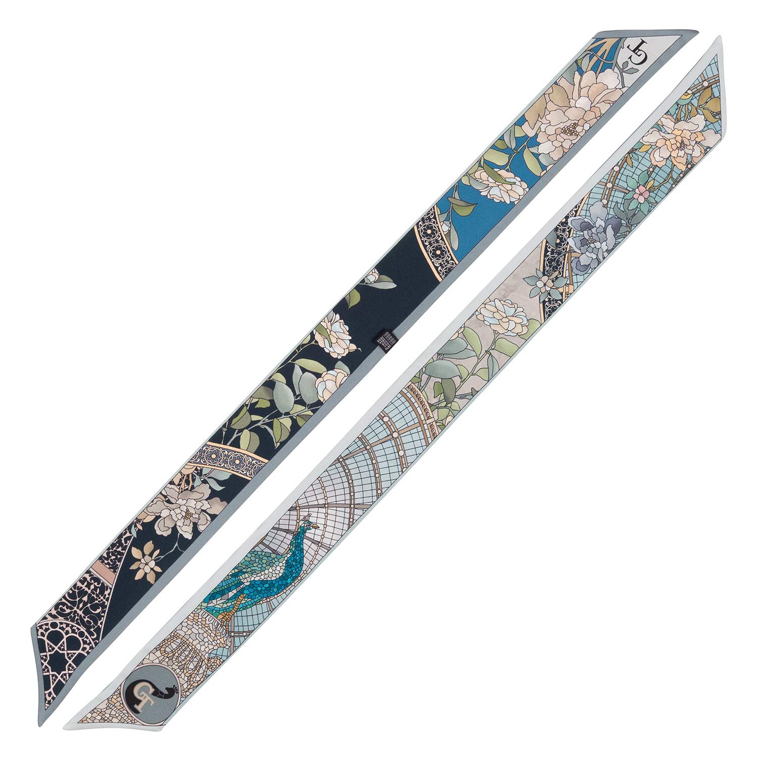blue and black silk twilly with mosaic and floral decorations