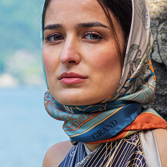 woman with silk scarf wrapped around her head