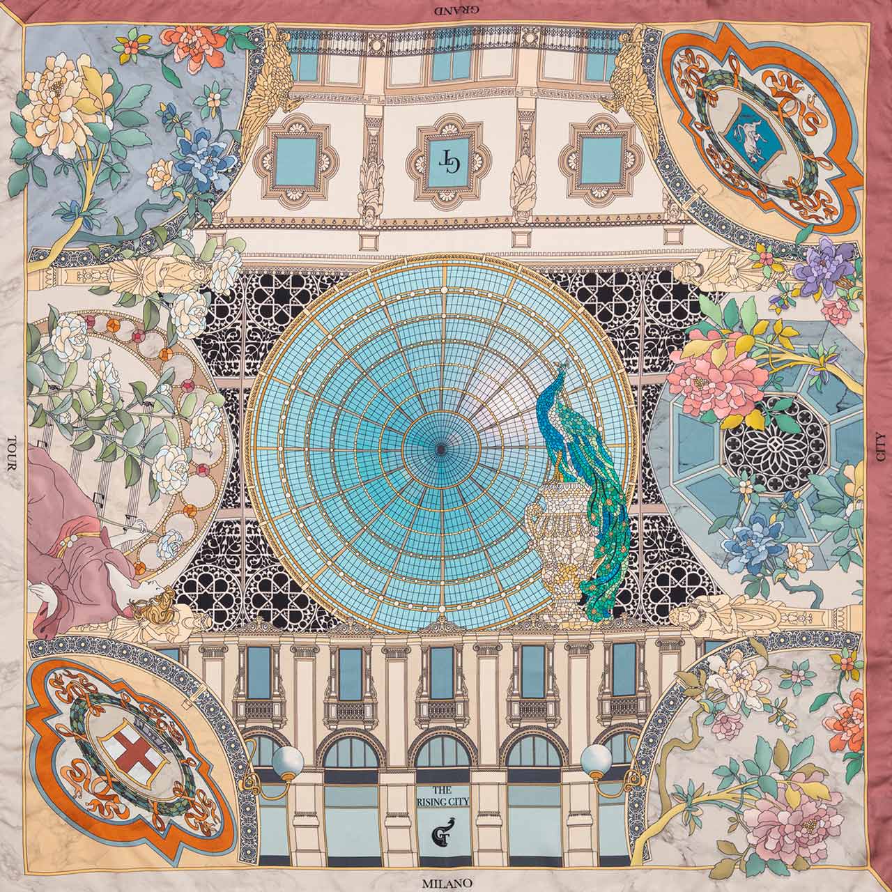 colourful silk scarf depicting mosaics of the galleria Vittorio Emanuele in Mialn