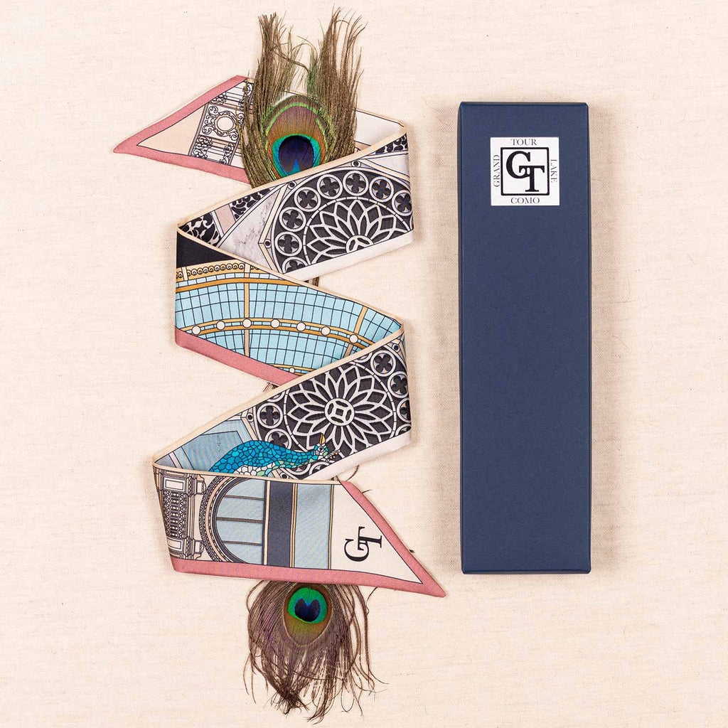 silk twilly wrapped around peacock feathers. Blue box on the side