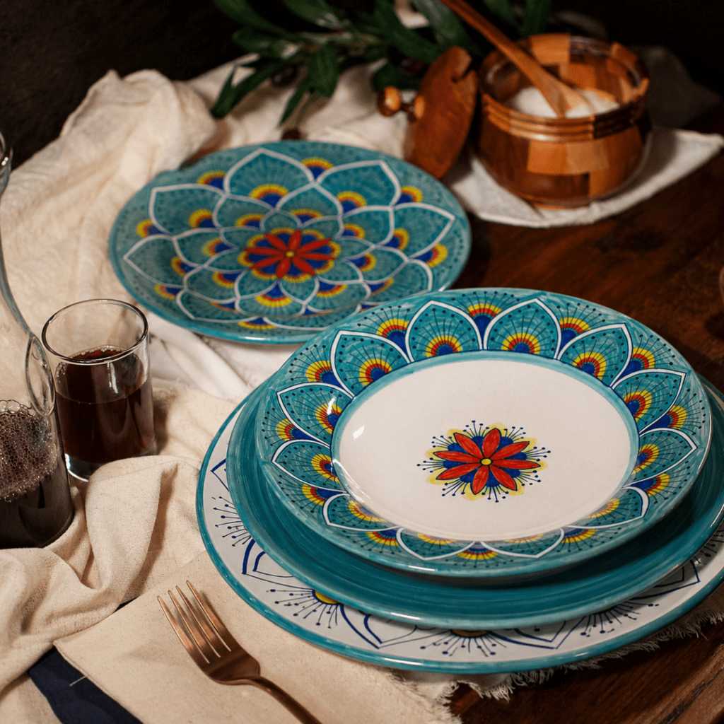 Intreccio Teal 4-Piece Place Setting | Hand-Painted Italian Dinnerware from Deruta