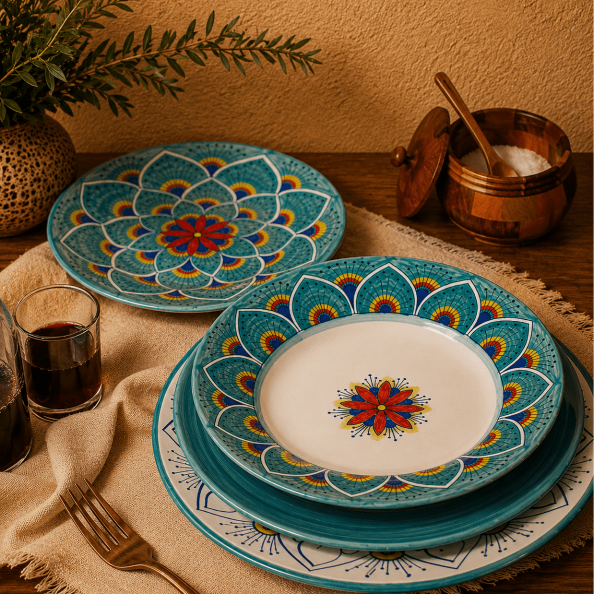 Intreccio Teal Dinner Plate | Hand-Painted Italian Dinner Plate from Deruta