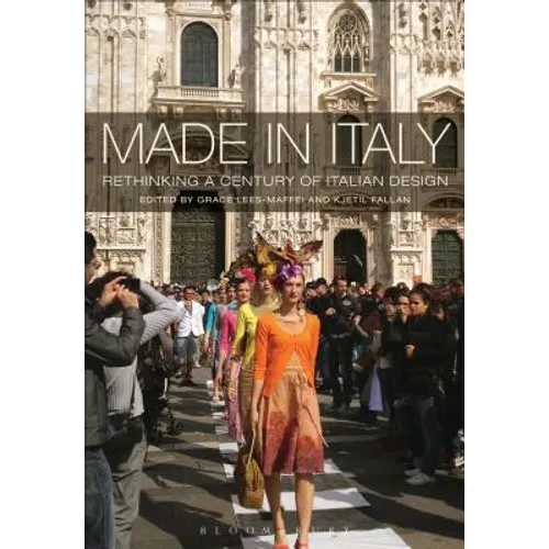 Book cover for 'Made in Italy: Rethinking a Century of Italian Design' showing a fashion runway scene in front of a large historic cathedral, with a model in an orange dress walking down the catwalk and onlookers on both sides.