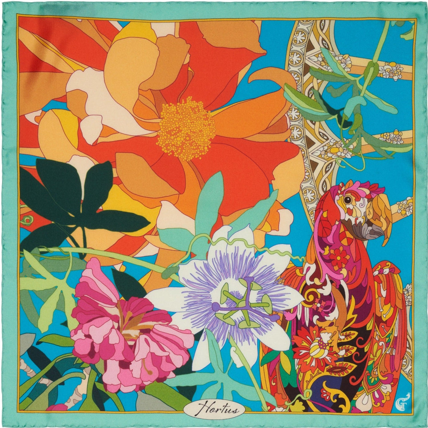 colourful silk scarf depicting flowers and a parrot