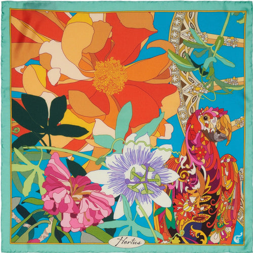 colourful silk scarf depicting flowers and a parrot