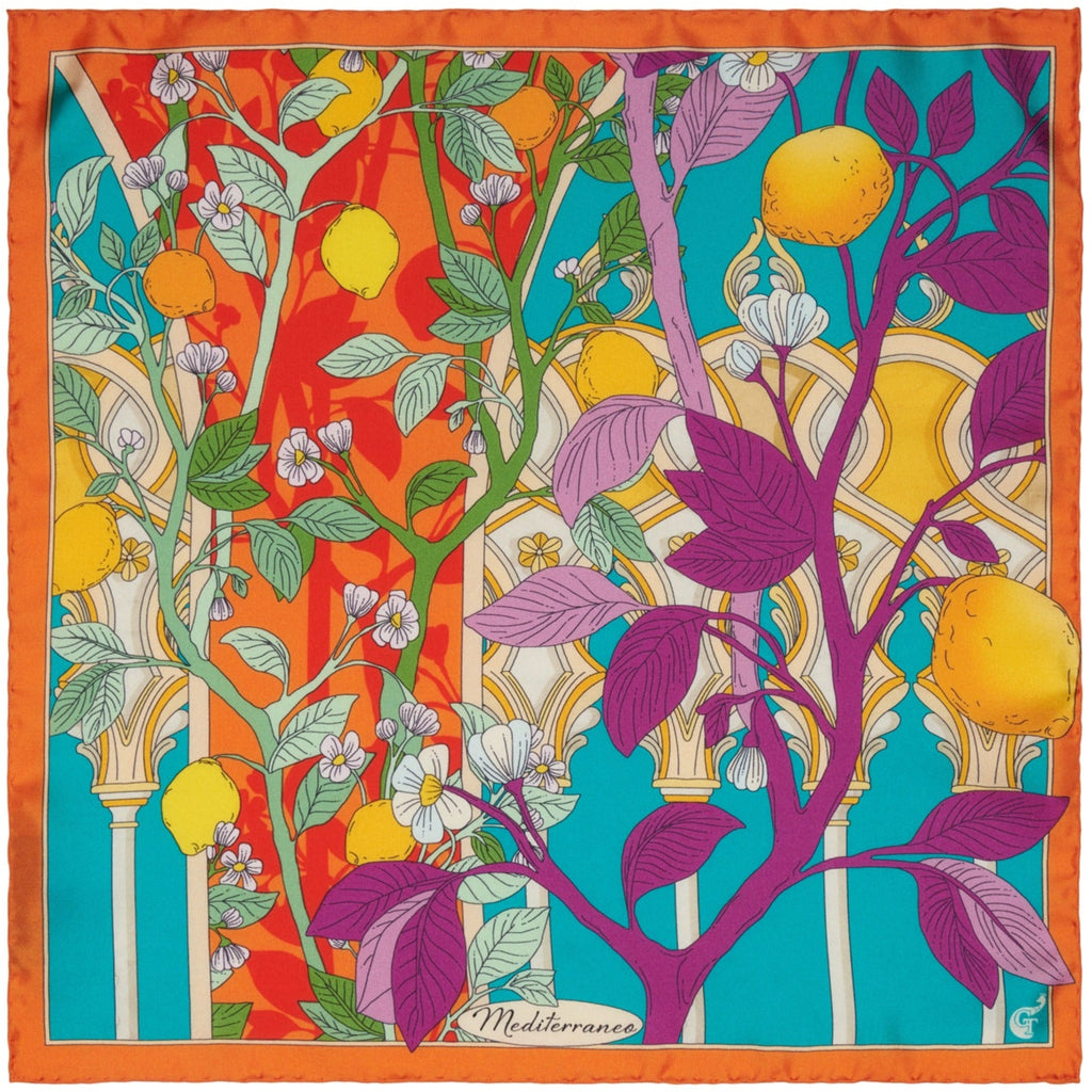 blue and orange colourful silk scarf depicting lemon trees and architectural elements