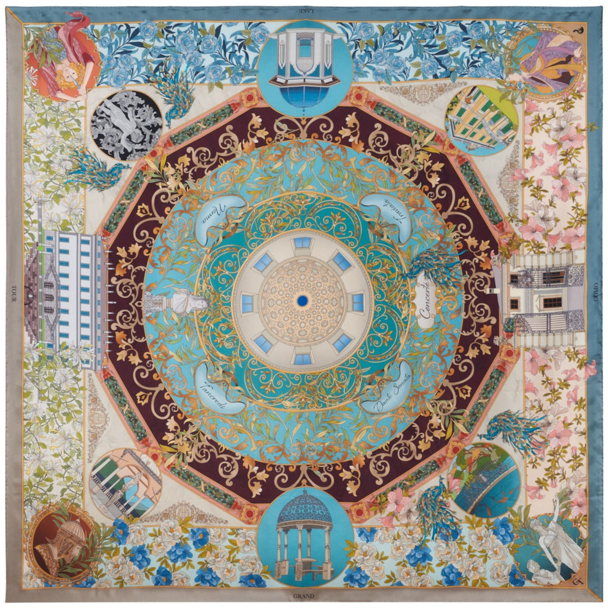 colourful silk shawl depicting villas on Lake Como, flowers and opera characters