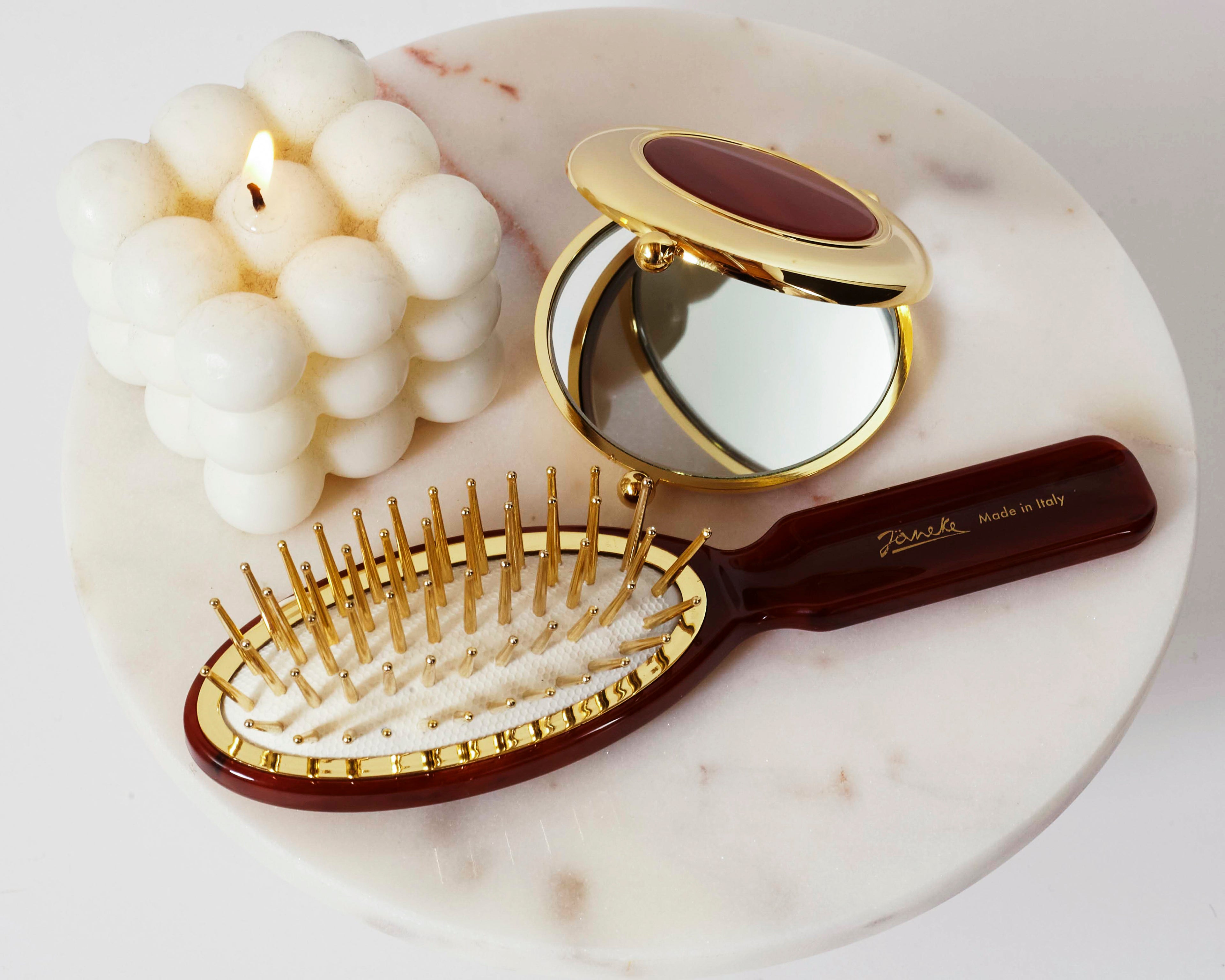 Janeke Gold Compact Handbag Mirror – Double-Sided Tortoiseshell Purse Mirror