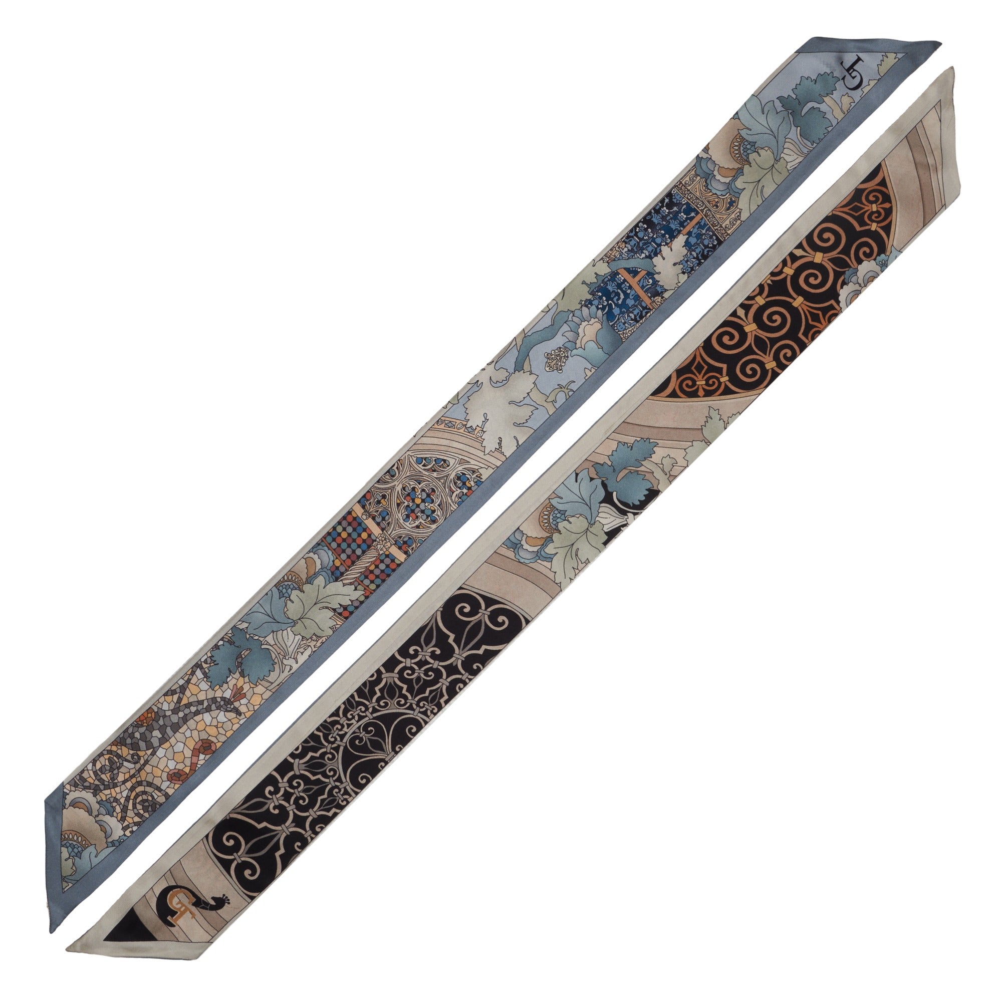 blue, black, white and gold silk twilly with architectural decorations inspired by the city of Venice