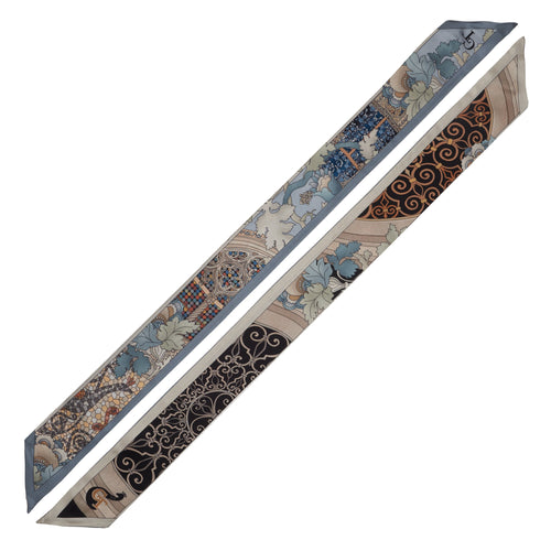 blue, black, white and gold silk twilly with architectural decorations inspired by the city of Venice