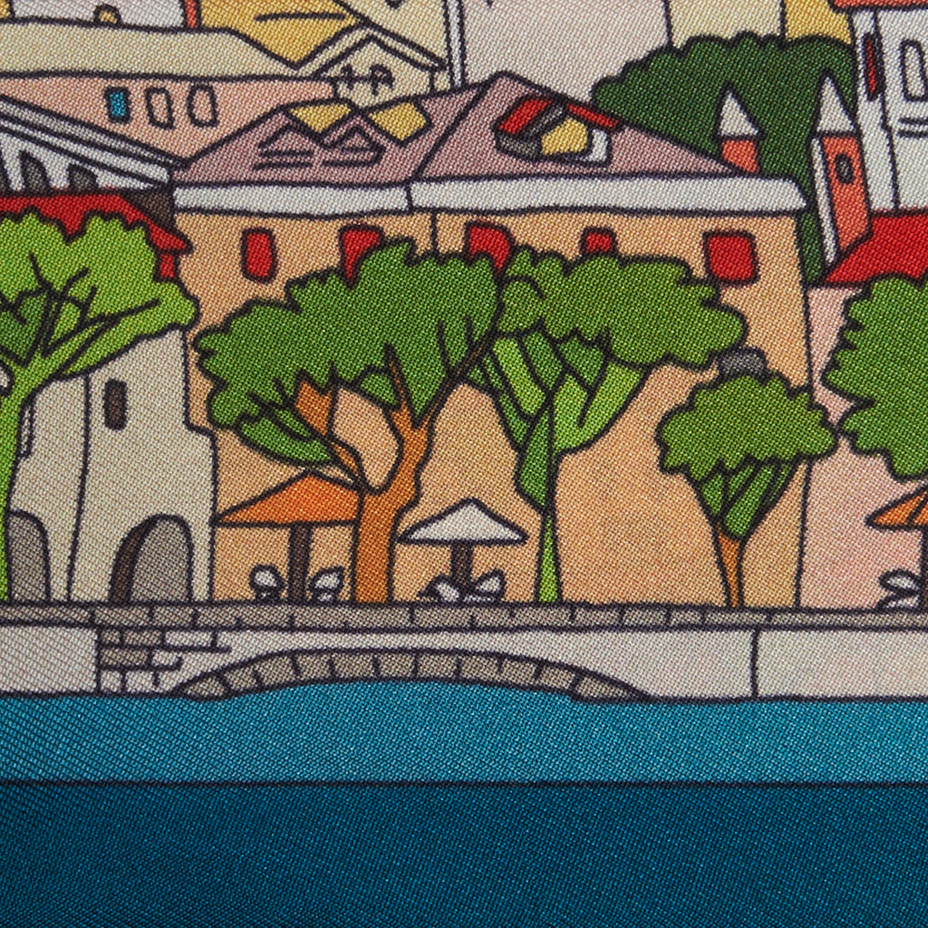 hand drawn painting of the town of Menaggio on a silk twilly