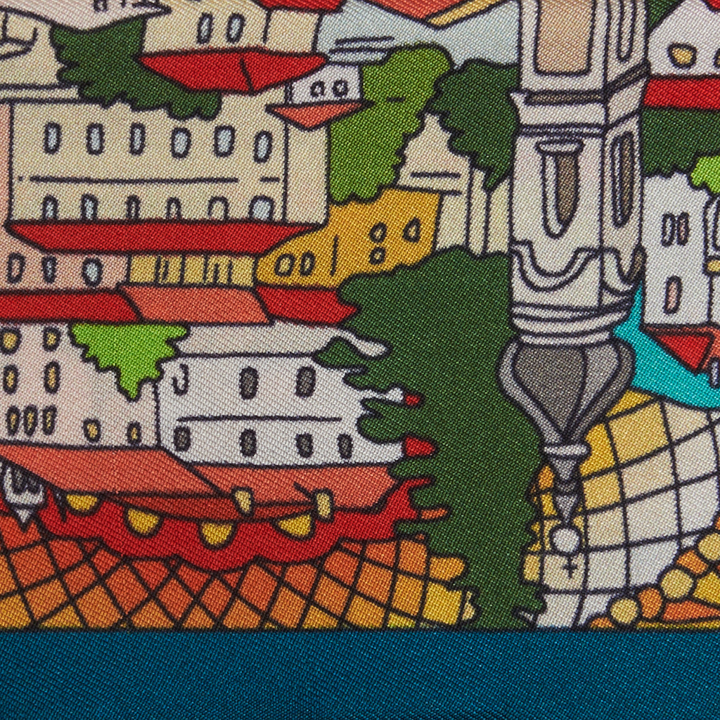 hand drawn decorations depicting the town of Menaggio, Lake Como, on a silk twilly