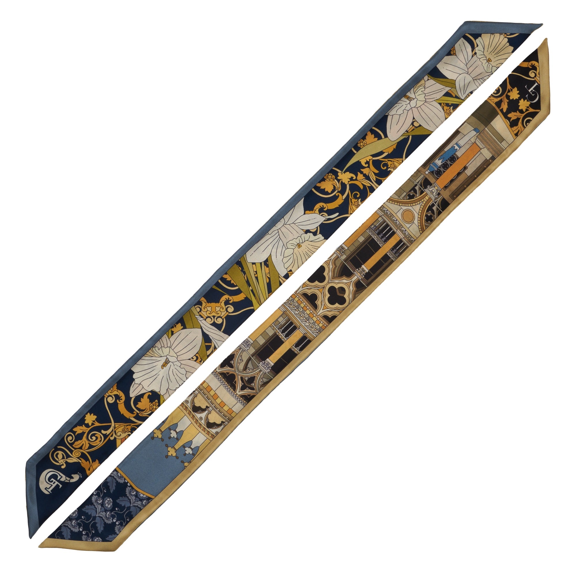 blue, black and gold silk twilly with white flowers and a golden palace