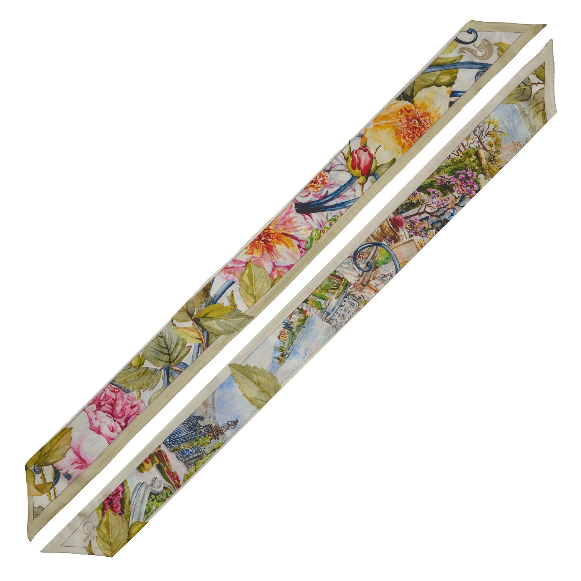 silk twilly with colourful flowers and gardens