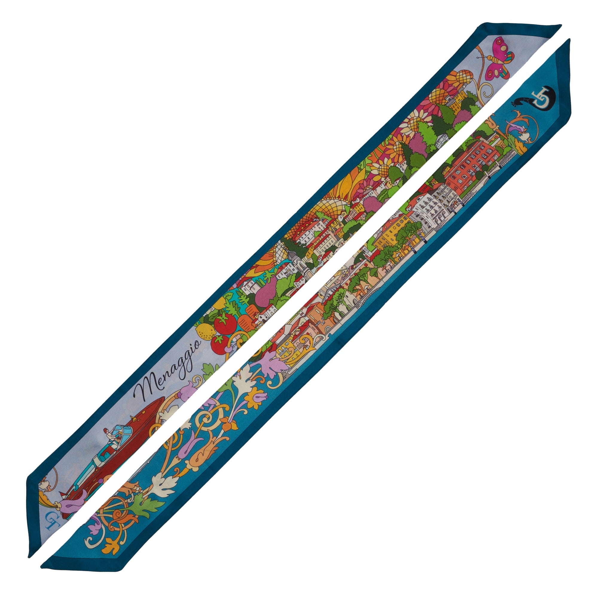 blue silk twilly with hand drawn decoration depicting the town of Menaggio on Lake Como