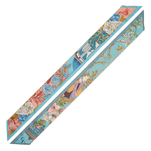 silk twilly pink and blue with botanical and musical design