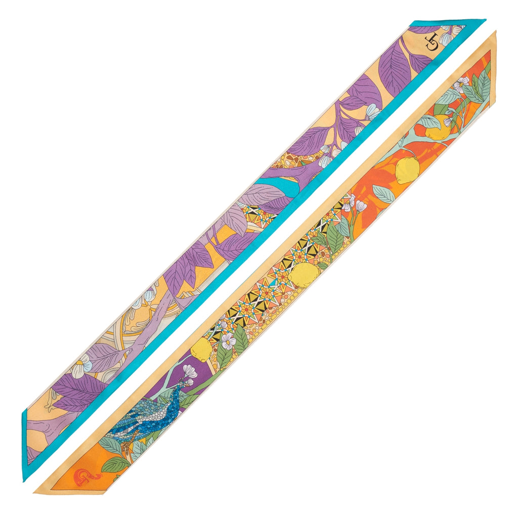 orange, purple and blue silk twilly with purple leaves, yellow lemons and a mosaic peacock